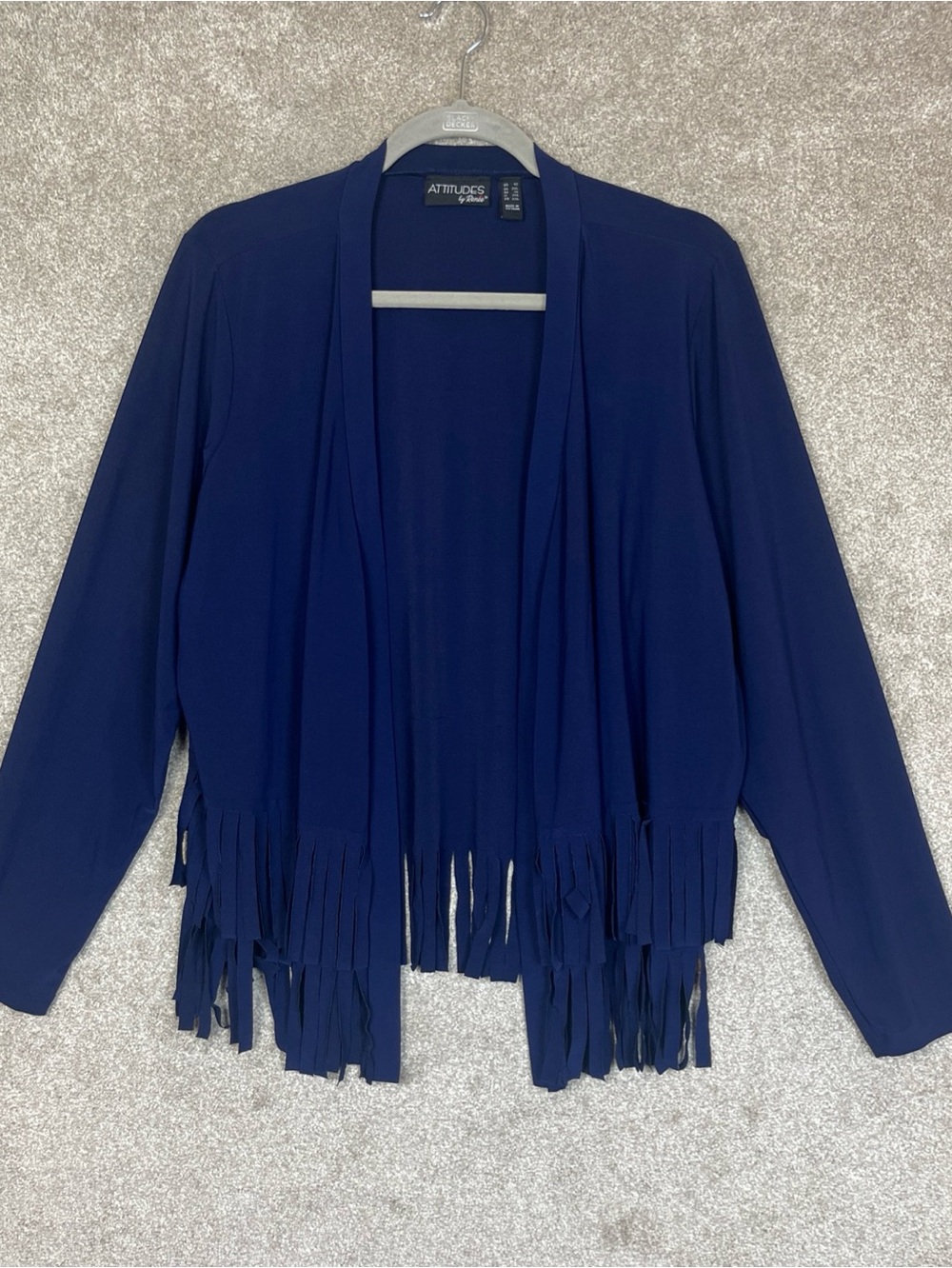 Attitudes by Renee Cardigan Womens 1X Blue Long Sleeve Fringe Stretch- 5188